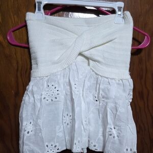White Strapless Knit and Eyelet Dress